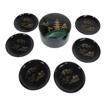 Vintage Pagoda Japan Painted Black Lacquered Boxed set of 6 Coasters Hol... - £22.72 GBP