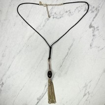Chico&#39;s Black Cord Tortoise Gold Tone Linear Tassel Pendant Necklace - $16.82