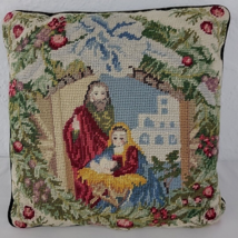 Nativity Needlepoint XMAS Pillow Velvet Jesus Mary Joseph 13&quot; Green Holiday Vtg - £24.01 GBP
