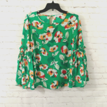 Rose Olive Blouse Womens Small Green Floral Long Bell Sleeve Scoop Neck Boho Top - $14.99