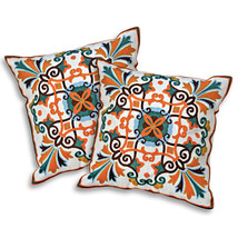 Multi-Color Moroccan Floral Orange Accent Embroidery Throw Pillow Cover Set of 2 - £31.27 GBP