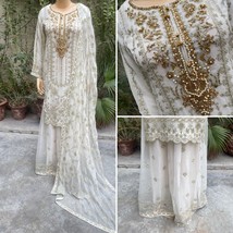 Pakistani Off White Straight Style Embroidered Sequins Chiffon Sharara Dress,L - £108.88 GBP