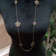 Women Fashion Chunky Gold Tone Carved Charm Floral Art Long Chain Necklace - £21.02 GBP