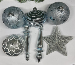 Christmas Ornaments Lot of 7 Plastic Blue Silver Tear drop Swirl Star Icicle - £6.39 GBP