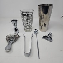 Vintage Irvinware Cocktail Shaker Stainless Steel Barwear Party 7 PC USA 60s - £39.47 GBP