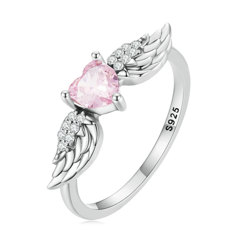 Real 925 Sterling Silver Angle Wing Love Pink Crystal Heart Rings For Women Wedd - $24.10