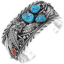 Navajo Big Boy Turquoise &amp; Coral Bracelet Sterling Silver Cuff Mens s7-8.5 - £675.53 GBP+