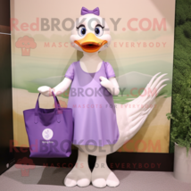 Lavender Swans mascot costume character dressed with a V-Neck Tee and Tote bags - $1,199.00