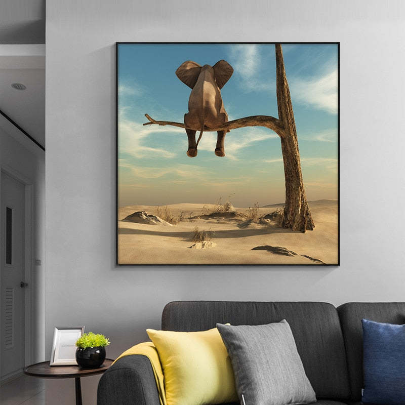 Kids Room Funny Little Elephant on Tree Modern HQ Canvas Print Painting Wall Art Item image 2