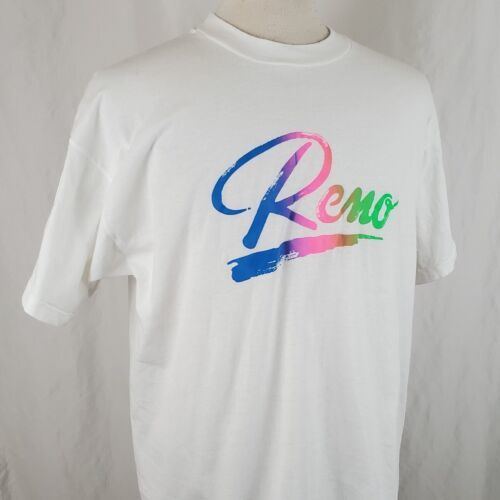 Primary image for Vintage 80's Reno Nevada T-Shirt XL White Screen Stars Neon Print Single Stitch