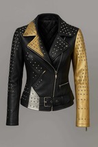 Handmade Women&#39;s Rockstar Studded Leather Jacket – Gold, Black &amp; Silver ... - $299.95