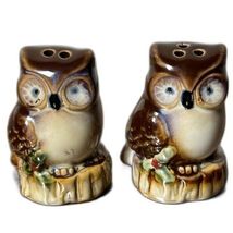 Owl Salt &amp; Pepper Shakers Pair Ceramic Brown Glaze 2.25" Woodland Decor ... - $14.65