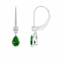 Lab-Grown Emerald Leverback Earrings with Diamond in 14K Gold (6x4mm, 0.75 Ct) - £773.07 GBP