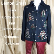 Lemon Grass Black Knit Christmas Jeweled Button Down Cardigan Size XL - £19.60 GBP