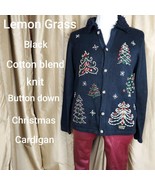 Lemon Grass Black Knit Christmas Jeweled Button Down Cardigan Size XL - £19.65 GBP