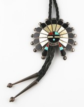 Vintage Silver Zuni Navajo Sunface Lapidary Inlay Bolo Tie Signed &quot;TPB&quot; Leather - £485.71 GBP