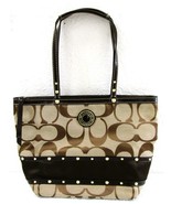Coach Signature Brown Tan Canvas F20014 Studded Two Handled Handbag Tote - $2,420.08 MXN