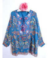 Soft Surroundings Embroidered Mirapani Tunic Top L Boho Artsy Tassel Ties Rayon - $34.95