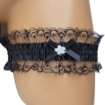 Satin Leg Garter Lace Ruffle Trim Mini Bow Faux Jewel Flower Accent Blac... - $8.01