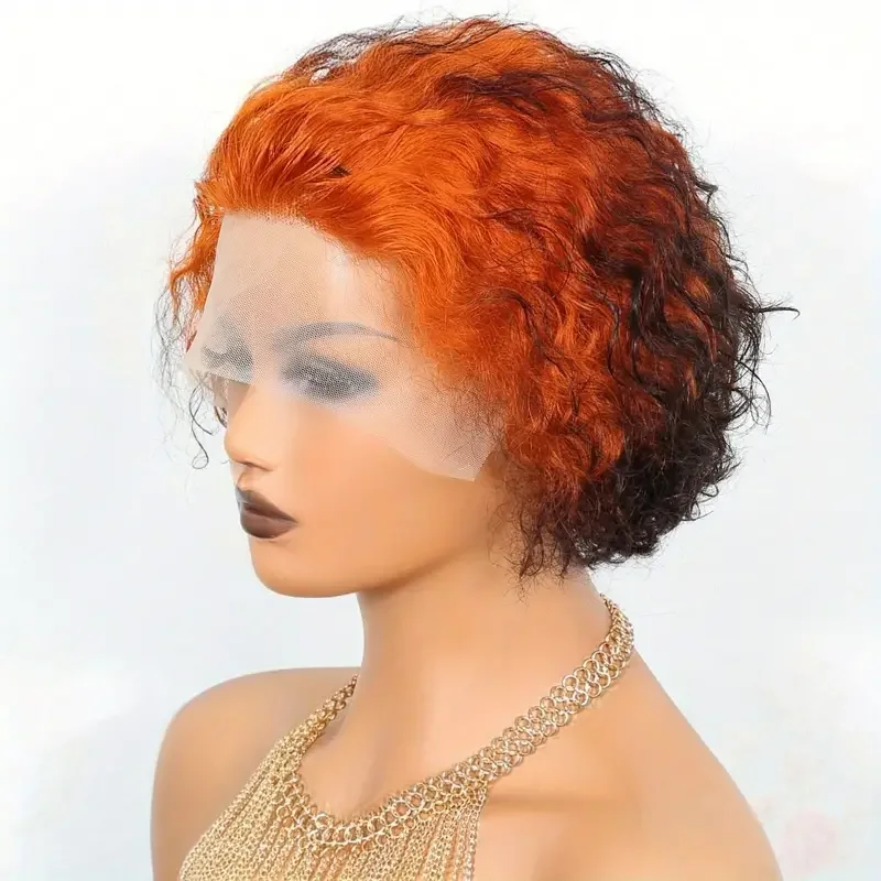 350/1B Colored Pixie Cut Lace Wig Short Fumi Curly 13X1 Transparent Part La - £42.87 GBP