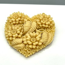 Vintage Carved Celluloid Brooch, Cream Colored Hearts and Flowers, Romantic Gift - £30.16 GBP