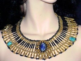 Egyptian Cleopatra Style Scarabs Golden Black Beaded Necklace - £19.32 GBP