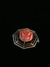 Vintage 40s brass brooch with coral celluloid rose image 3
