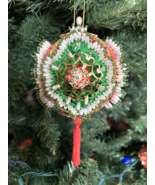 Vtg 4” SATIN Push Pin Beaded Sequin Pearl Christmas Ornament Green/Red MINT - $52.64 CAD