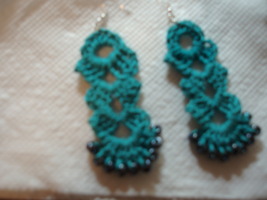 Teal, blue earrings with black beads crocheted - £7.83 GBP