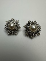 Vintage Silver Sarah Coventry Faux Pearl Rhinestone Earrings 2.6cm - £14.24 GBP