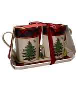 Spode Christmas Tree Mug Set w Melamine Tray Tartan Plaid NWT Gift Ceram... - $24.75
