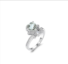 (New) 925 Sterling Silver 1.9CT Natural Green Amethyst Love Heart Bow Knot Ring - £70.61 GBP