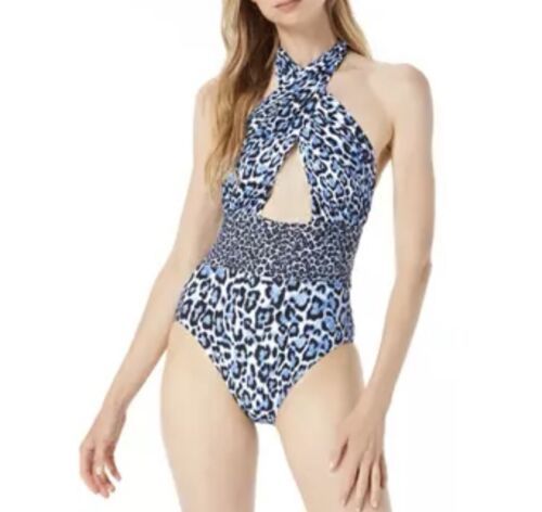 Michael Kors One Piece Swimsuit Size 10 Blue Leopard Print Crossover Halter NEW Item image 2