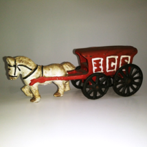 Vintage Cast Iron White Horse Drawn Ice Wagon Cart Stage Coach Toy - $23.74
