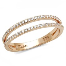 Women Round Pave CZ Split Shank Parallel Line Band Rose Gold Plated Wedding Ring - £62.65 GBP