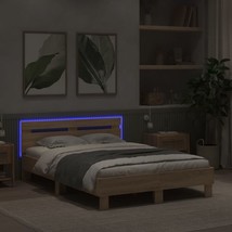 Rustic Sonoma Oak Wooden Double Size Bed Frame Base With LED Lights Headboard - £157.38 GBP