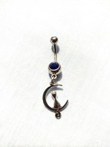 Cat Sitting On Crescent Moon Sliver Charm 14g Midnight Blue Cz Belly Ring Bar - £4.71 GBP