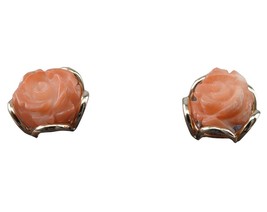 1940&#39;s 14k Gold and Angel Skin Coral Earrings Hand Carved - $297.00