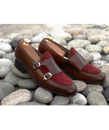 Handmade Men&#39;s Leather Suede Brown &amp; Burgundy Double Monk... - $174.99