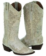 Womens Western Boots Cowboy Off White Leather Floral Embroidered Rhinest... - £99.89 GBP