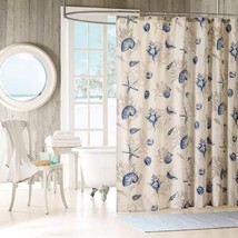 72-in Khaki Beige Cotton Shower Curtain Navy Blue Seashells Coral Coastal Beach - $134.99