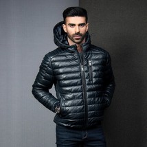 Men Hooded Puffer Jacket in 100% Genuine lambskin leather, Puffer jacket for men - £140.46 GBP