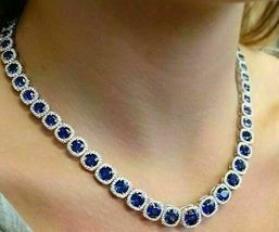 14K White Gold Over 30 Ct Round Blue Sapphire Halo Tennis Necklaces Women&#39;s - £248.22 GBP