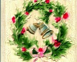 Merry Christmas Holly Wreath High Relief Embossed Airbrushed 1910s UNP P... - $7.08