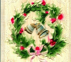 Merry Christmas Holly Wreath High Relief Embossed Airbrushed 1910s UNP Postcard - £5.54 GBP