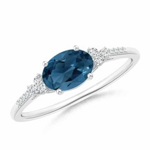 Horizontally Set Oval London Blue Topaz Ring with Diamonds in Silver Ring Size 7 - £231.72 GBP