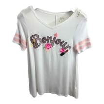 Bonjour Justice Girls Tee White Pink Flowers Lipstick Short Sleeve V-Nec... - £9.09 GBP