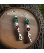 Whimsical Christmas Earrings Candy Cane Tree Beads 925 Silver Hooks Holi... - $11.88