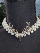 Faux Pearl Choker Necklace w/ Deer Stag Pendant, Unique Nature-Inspired Gift - $31.49