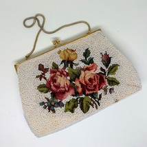 Antique Microbead Floral Embroidered Purse - Seed Bead Needlepoint Roses Bridal - £29.86 GBP